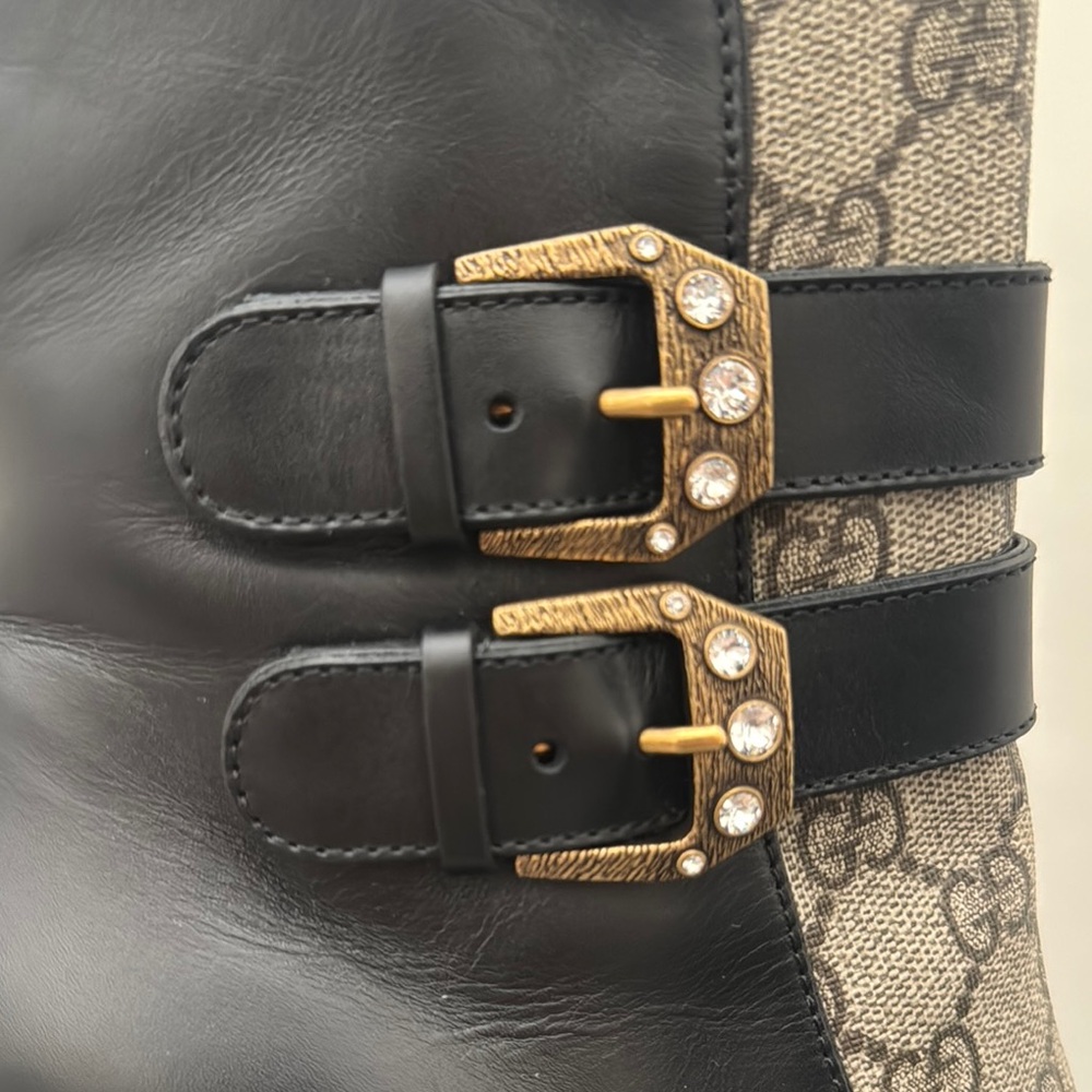 NEW AUTH Gucci Monogram Heeled Boots with Gold Buckles 37.5 - Picture 4 of 12